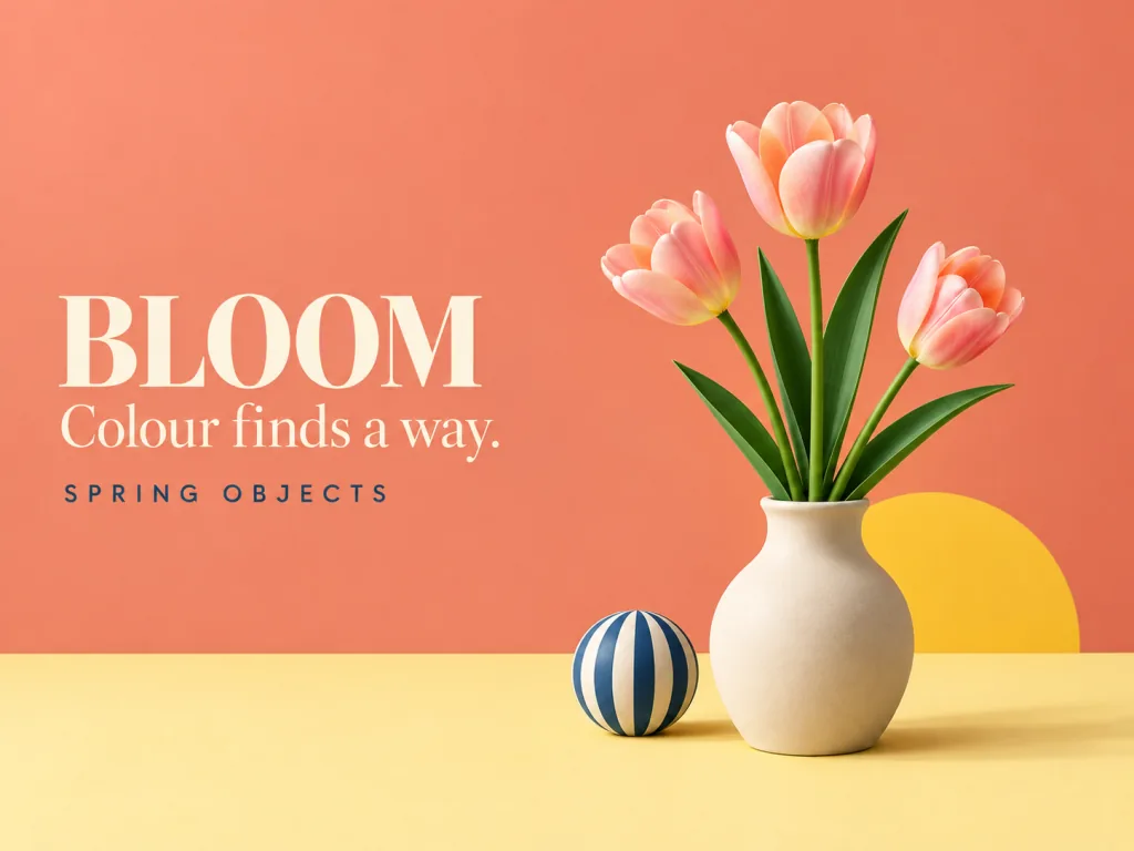 Minimal BLOOM floral poster with tulips, vase, sphere, and half-sun