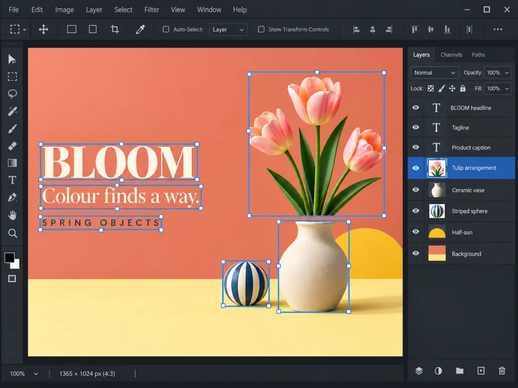 Minimal BLOOM floral poster with precise selections aligned to editable layers